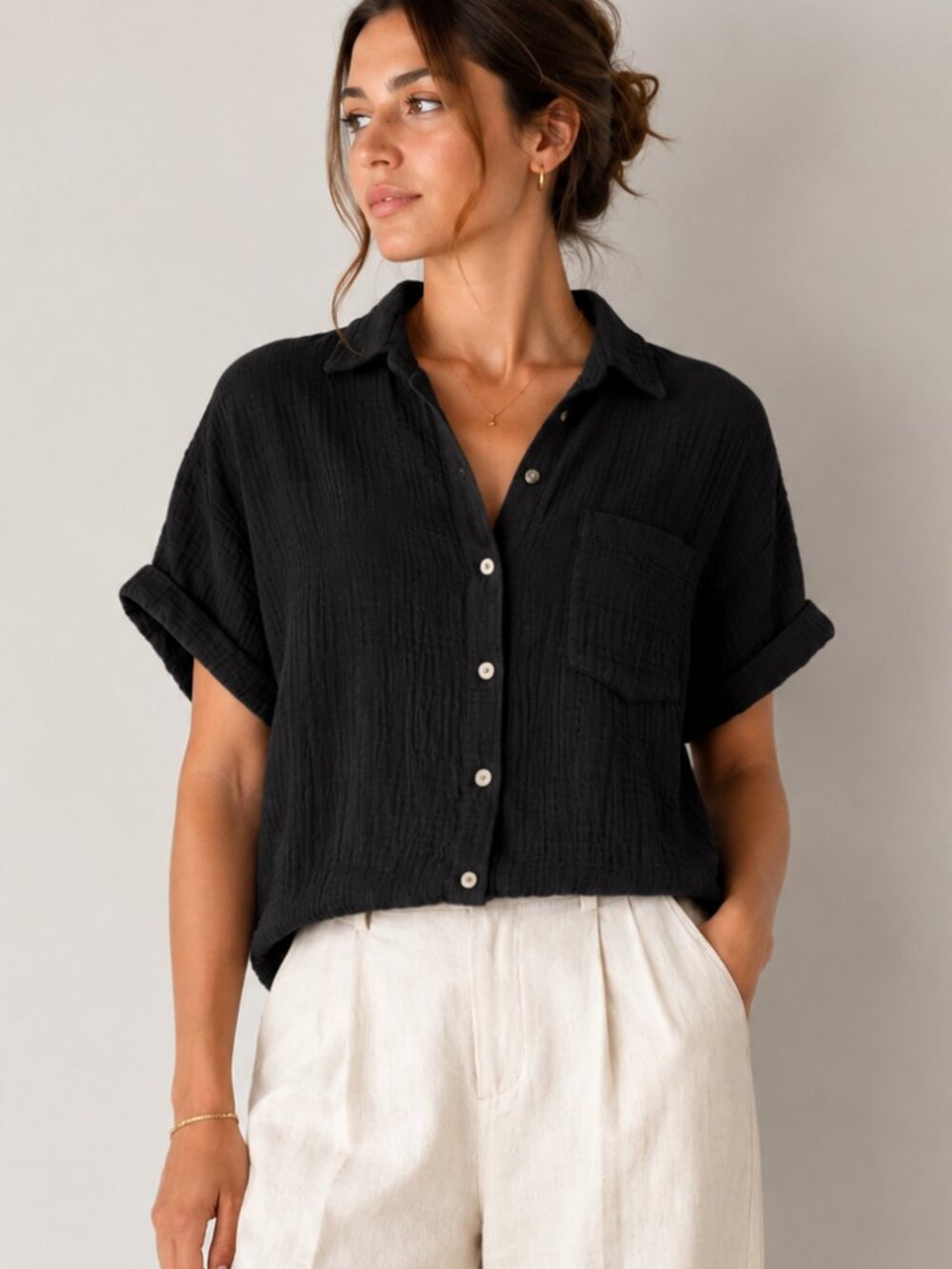 WILT Black Cotton Gauze Blouse Top